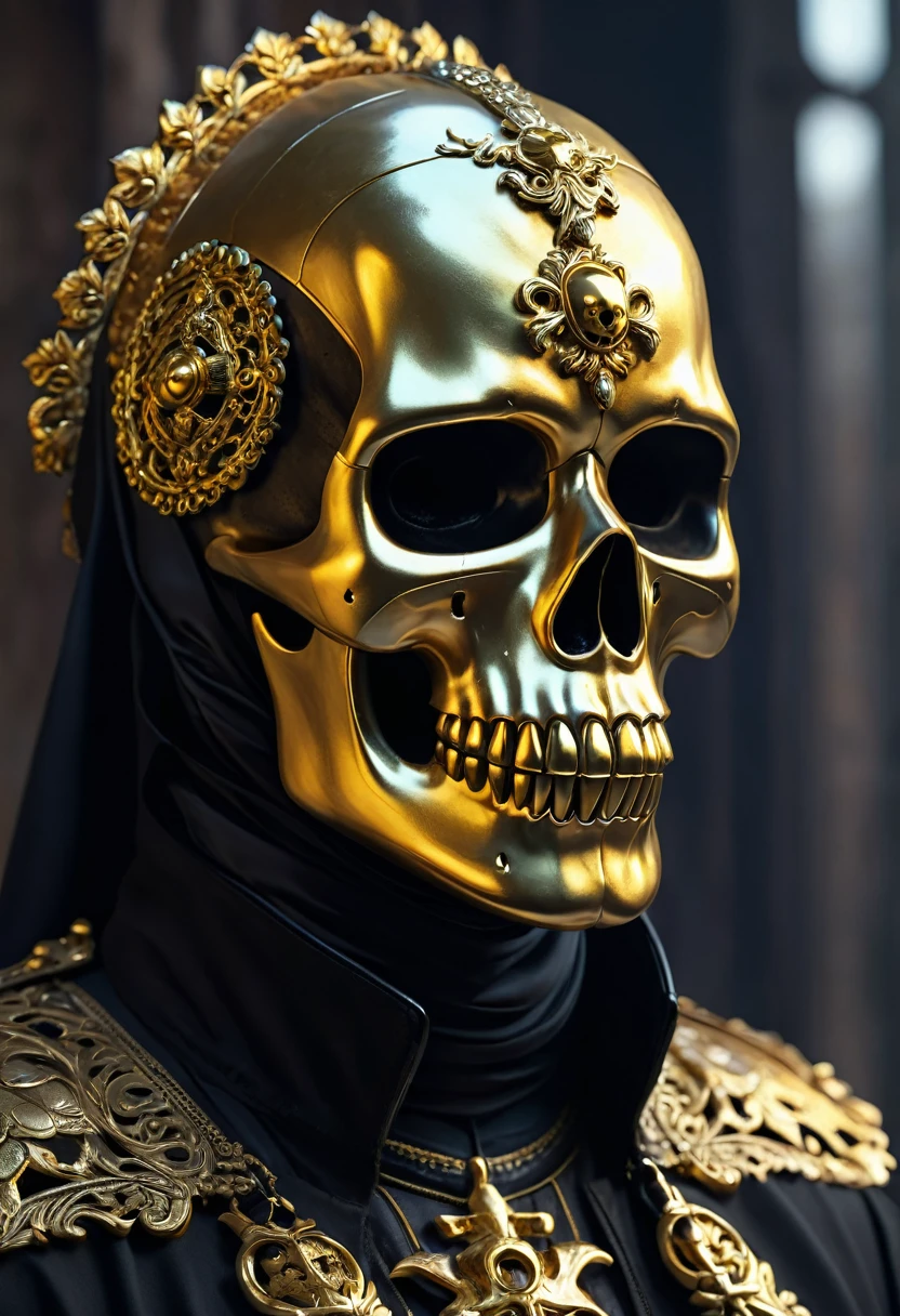 a closeup of a skull with a golden mask and a black jacket, hermoso dios masculino de la muerte, calavera de fantasia, Arte detallado de alta calidad 8k, irreal 5. retrato de rol, arte digital oscuro pero detallado, Arte digital 4k muy detallado, amenazador. irreal 5, cgsociety uhd 4k muy detallado, por Yang J., motor irreal 5 arte digital