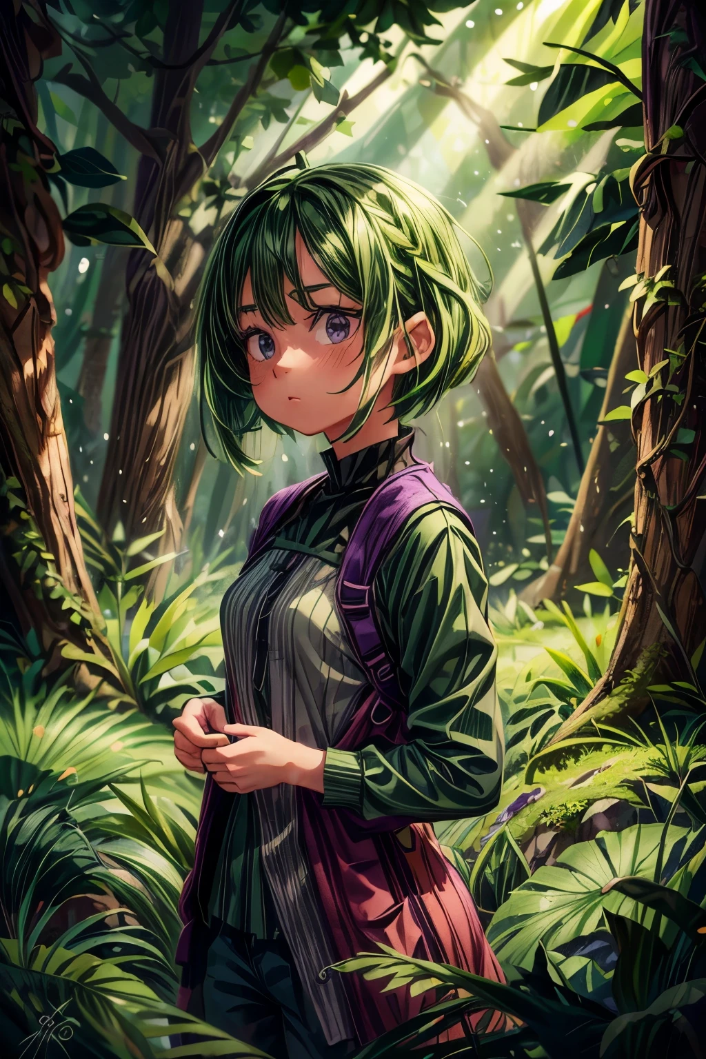  1girl, solo, (forest green hair:1.2), Asymmetrical haircut, (violet clothes:1.2) masterpiece, best quality, photorealistic, realistic, (RAW photo, 8k uhd, film grain), caustics, subsurface scattering
