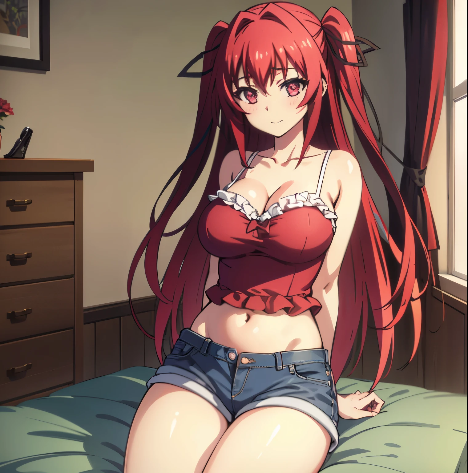1girl,alone,mio naruse, (extremely detailed CG unity 4k wallpaper), (masterpiece), (best quality), (ultra detailed), (best illustration), (best shadow), (absurdities), (detailed background ), large breasts, medium waist, wide hips, medium thighs, round butt, red hair, long hair, single, ribbon, hair ribbon, black ribbon, indoors, blush, very long hair, collarbone, two sides up , red eyes, cowboy photo, hair between the eyes, two stories, interior, house, bedroom, bedroom, looking at viewer, head-on, focus on breasts, pov (head-on), underwear, shorts, long hair, panties, breasts, open fly, ribbon, navel, hair band, large breasts, camisole, cleavage, smile, bow panties, two sides up, midriff, unbuttoned, shorts, open shorts, denim, sitting, unbuttoned , standing, perfect anatomy, perfect hands