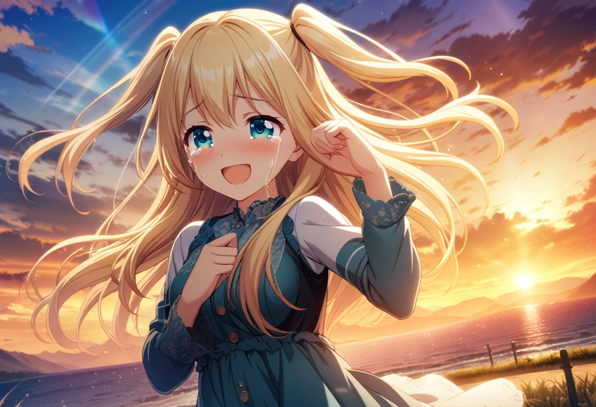 game cg,1girl,two side up,long hair,blonde hair,medium breasts,turquoise eyes,((happy tears)),smile,((tears)),wiping tears ,sunset with rainbow