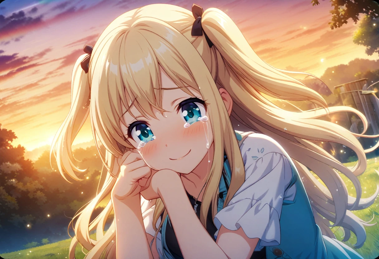 game cg,1girl,two side up,long hair,blonde hair,medium breasts,turquoise eyes,((happy tears)),smile,((tears)),wiping tears ,sunset with rainbow
