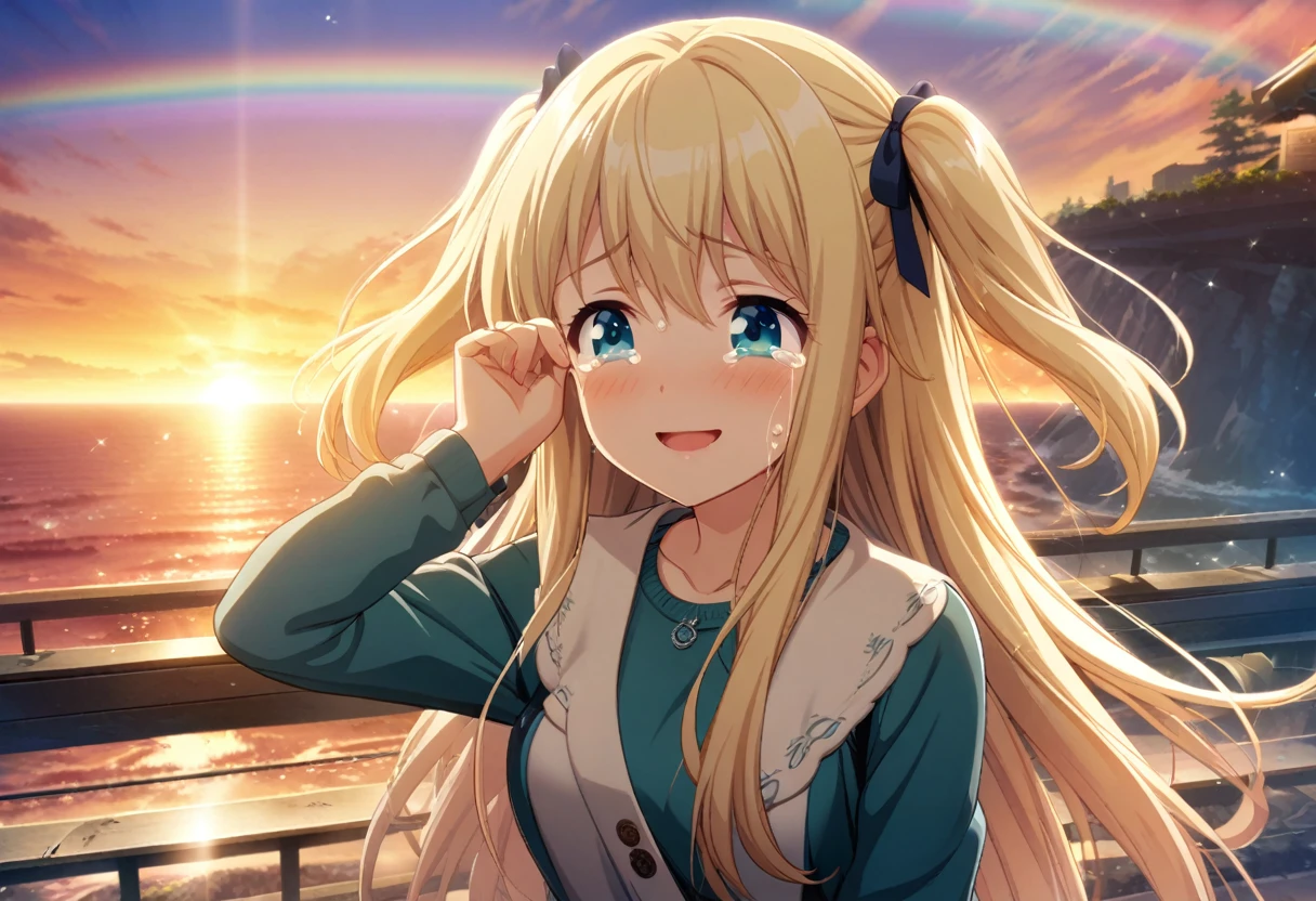 game cg,1girl,two side up,long hair,blonde hair,medium breasts,turquoise eyes,((happy tears)),smile,((tears)),wiping tears ,sunset with rainbow