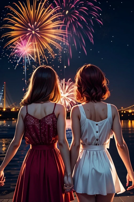 two girls holding hands with their back to the camera with fireworks in the background