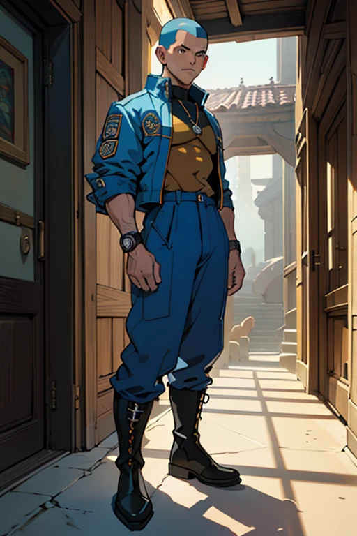 In an ancient fantasy setting, a young man with a platinum crew cut displays a piercing gaze and a confident demeanor. Adorned in a two-piece fusion outfit, perfectly blending Western and Eastern influences, he wears a comfortable dark top paired with a vibrant yellow-blue cropped jacket. The bottom half features loose white utilitarian pants, and her long, chunky boots echo through the hallways of an old-fashioned architectural landscape. The overall aesthetic captures the essence of a refined and mature anime-inspired rogue, symmetrical face, extremely detailed eyes and face, ultra-fine painting, exquisite and mature, Anatomically correct, creativity, Natural light, Cinematic lighting, best shadow, Artwork
