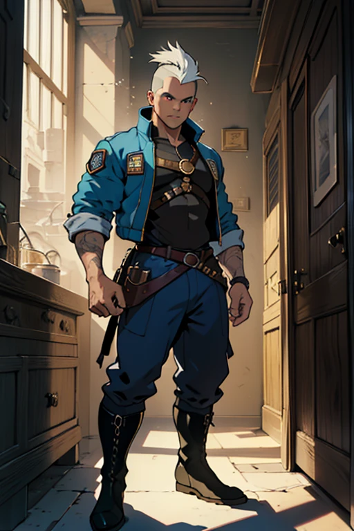 In an ancient fantasy setting, a young man with a platinum crew cut displays a piercing gaze and a confident demeanor.  Adorned in a two-piece fusion outfit, perfectly blending Western and Eastern influences, he wears a comfortable dark top paired with a vibrant yellow-blue cropped jacket.  The bottom half features loose white utilitarian pants, and her long, chunky boots echo through the hallways of an old-fashioned architectural landscape.  The overall aesthetic captures the essence of a refined and mature anime-inspired rogue, symmetrical face, extremely detailed eyes and face, ultra-fine painting, exquisite and mature, Anatomically correct, creativity, Natural light, Cinematic lighting, best shadow, Artwork
