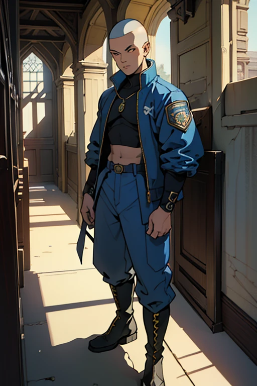 In an ancient fantasy setting, a young man with a platinum crew cut displays a piercing gaze and a confident demeanor.  Adorned in a two-piece fusion outfit, perfectly blending Western and Eastern influences, he wears a comfortable dark top paired with a vibrant yellow-blue cropped jacket.  The bottom half features loose white utilitarian pants, and her long, chunky boots echo through the hallways of an old-fashioned architectural landscape.  The overall aesthetic captures the essence of a refined and mature anime-inspired rogue, symmetrical face, extremely detailed eyes and face, ultra-fine painting, exquisite and mature, Anatomically correct, creativity, Natural light, Cinematic lighting, best shadow, Artwork