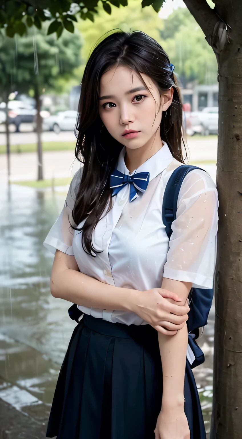 (masterpiece, highest quality:1.2), 8k, 15 years, 85mm, Official Art, RAW Photos, Absurd、((Under a big tree in a natural park:1.4))、((Rainfall:1.4))、((Dark rainy sky in the evening:1.4))、Pretty face, close, ((Cowboy Shot:1.4))、Front shot、Beautiful girl with ponytail hair,(((High School Girl Uniform 1.4)))、(((White short sleeve low cut button front shirt:1.4)))、(((Large plain dark blue bow tie:1.5)))、((White shirt:1.4))、((Ultra micro mini dark blue pleated skirt)) Squeeze the waist, Thighs, Short sleeve, Model pose、View your viewers, No makeup, (smile:0.4), Film Grain, chromatic aberration, Sharp focus, Face Light, Bright lighting, , Detailed face, Bokeh Background、((Blouse wet in the rain))、((Bra is sheer:1.4))、((Sad look:1.7))、((Backpack:1.4))、