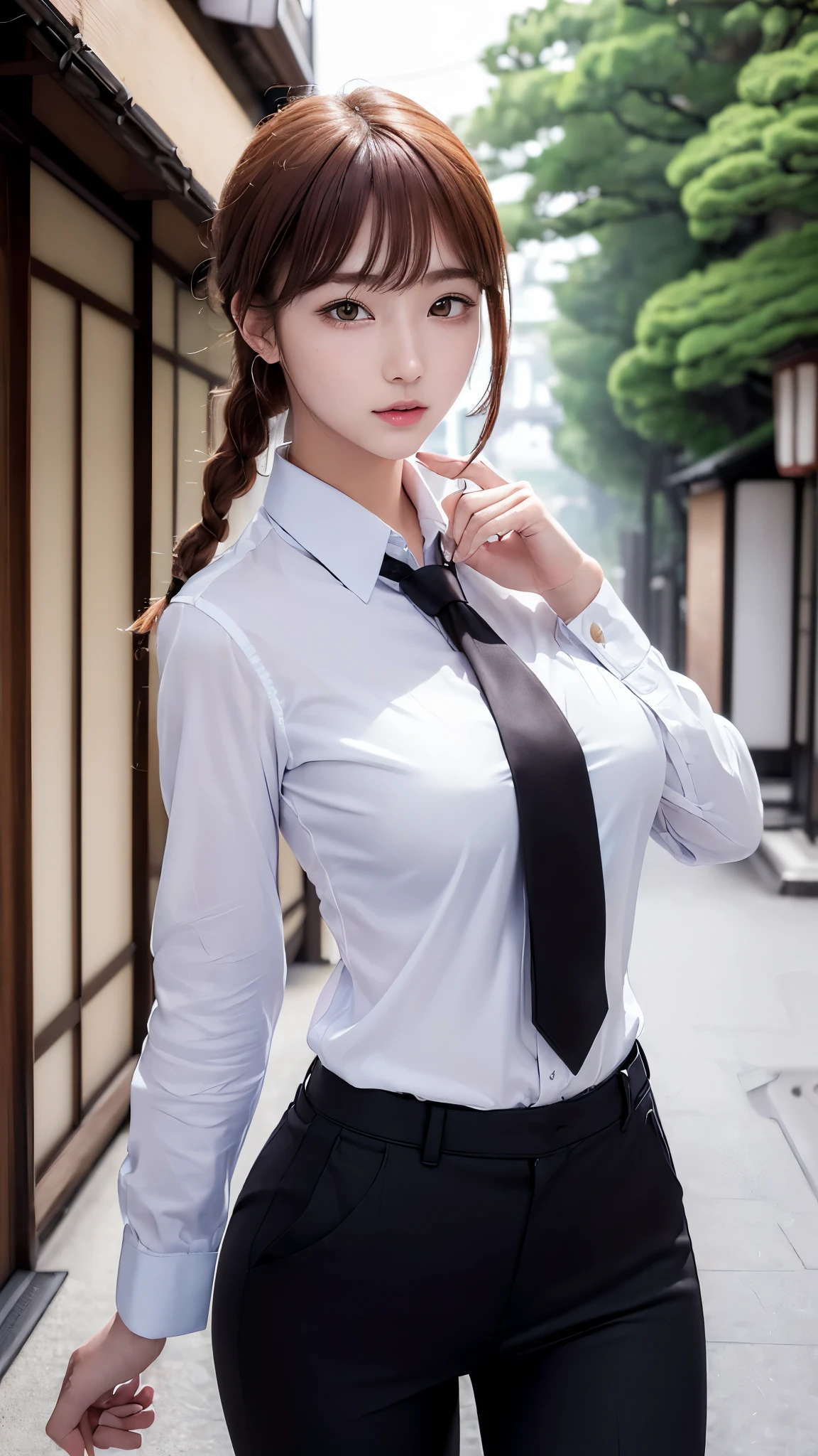 (((masterpiece))),(((High resolution)))、(((8K)))、(((perfect face)))、(((beauty of japan)))、20 years old、(((beautiful face))), (((business shirt and tie and business pants))), top quality eyes, detailed texture, look at the camera, big tits, ((high resolution face)), ((Braid hair))
