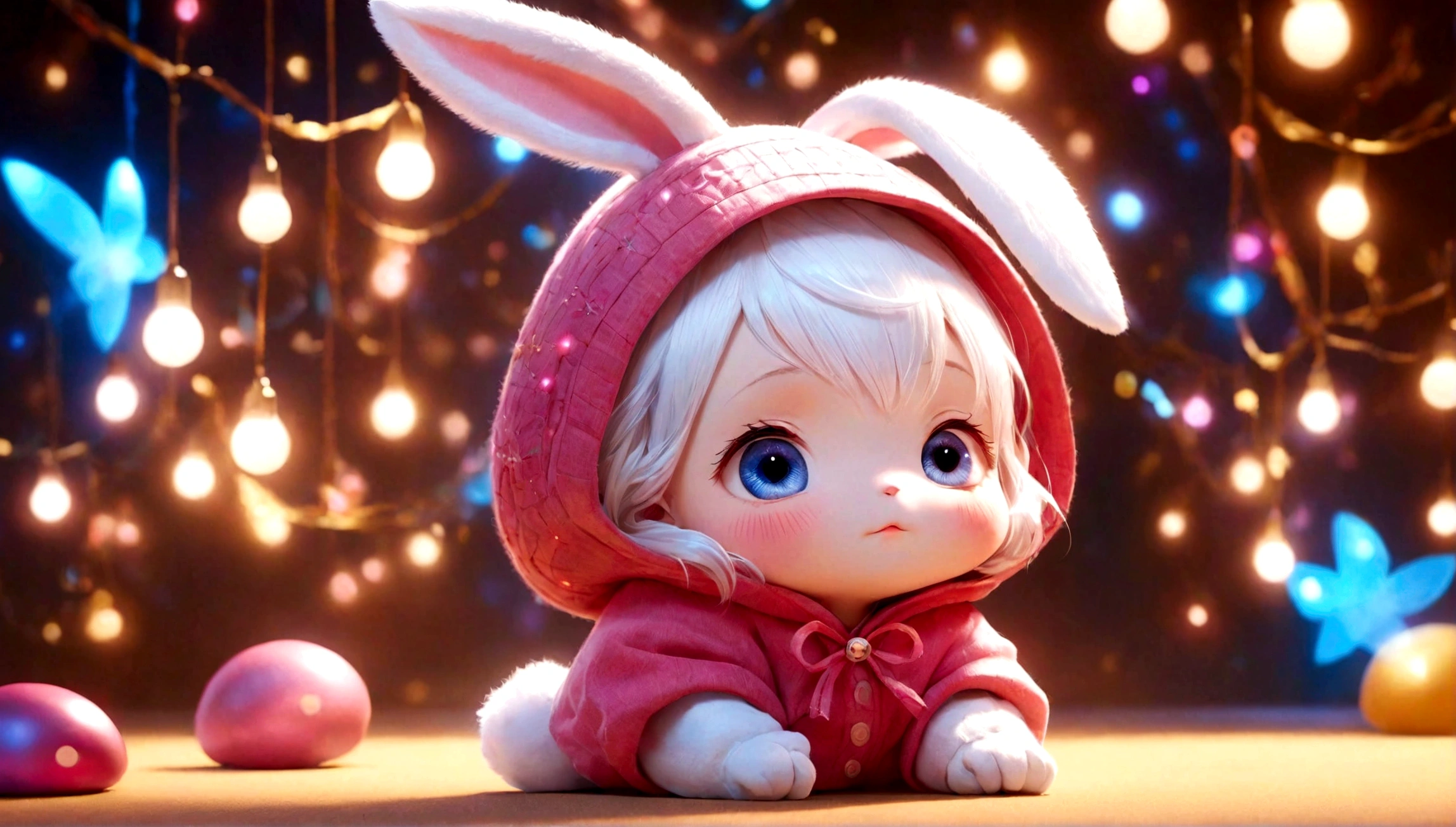 Cute pixar baby style white fairy rabbit, lots of pink lights, sleeping, eyes closed,