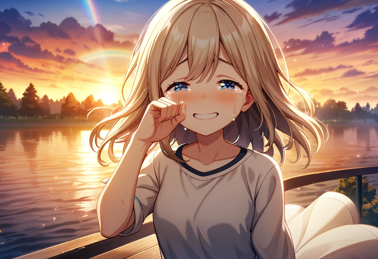 game cg,1girl,light brown color and medium length hair,blue eyes,((happy tears)),smile,((tears)),wiping tears,sunset with rainbow