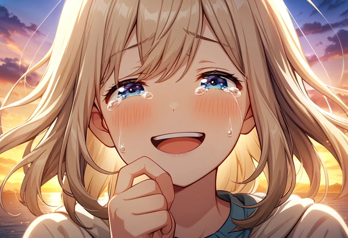 game cg,1girl,light brown color and medium length hair,blue eyes,((happy tears)),smile,((tears)),wiping tears,sunset with rainbow
