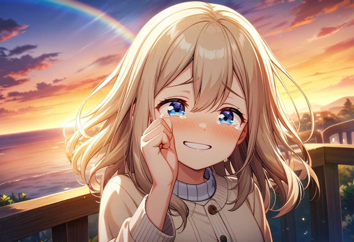 game cg,1girl,light brown color and medium length hair,blue eyes,((happy tears)),smile,((tears)),wiping tears,sunset with rainbow