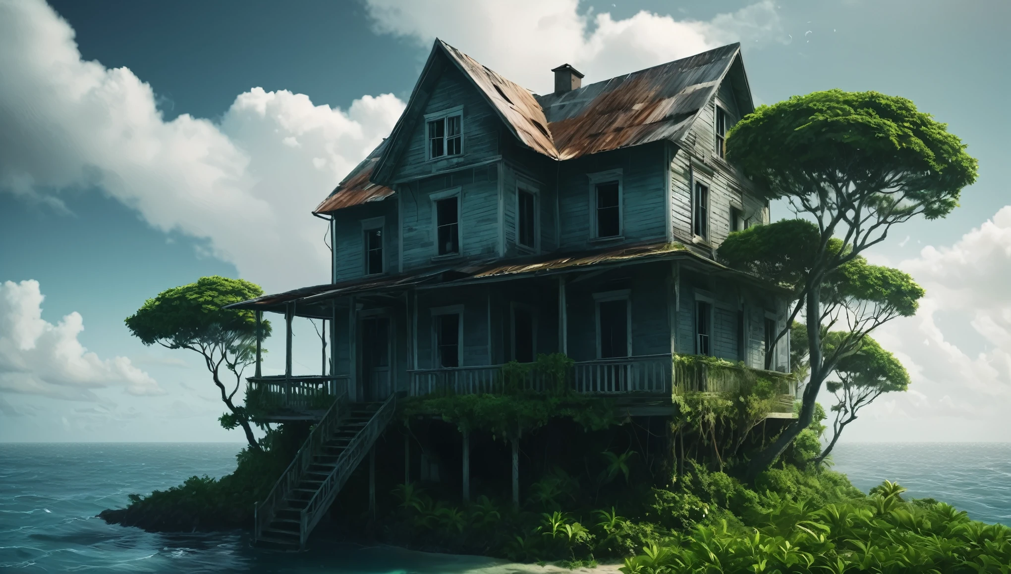 Create an image of a multi-storey rickety old house perched precariously at the end of a tiny tropical island in the middle of the vast ocean. The island is lush with tropical vegetation, and the house appears weathered and aged, with an air of mystery and history. The scene should be cinematic, resembling a film still shot on a V-Raptor XL, with a film grain texture, vignette effect, and color grading to enhance the dramatic atmosphere. The lighting should be cinematic, with a 35mm film quality and a live-action feel, meticulously post-processed to create an epic and stunning visual masterpiece. The mood should be a blend of eerie tranquility and dramatic intensity, making the viewer feel a sense of awe and intrigue. The sky should be overcast, adding to the atmospheric and dramatic tone of the image.
The image should evoke a sense of wonder and mystery, captivating art critics and evoking new emotions in those who view it. Ultra photo realistic, vibrant colors, 16 k