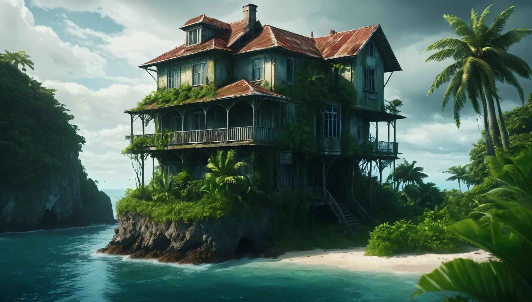 Create an image of a multi-storey rickety old house perched precariously at the end of a tiny tropical island in the middle of the vast ocean. The island is lush with tropical vegetation, and the house appears weathered and aged, with an air of mystery and history. The scene should be cinematic, resembling a film still shot on a V-Raptor XL, with a film grain texture, vignette effect, and color grading to enhance the dramatic atmosphere. The lighting should be cinematic, with a 35mm film quality and a live-action feel, meticulously post-processed to create an epic and stunning visual masterpiece. The mood should be a blend of eerie tranquility and dramatic intensity, making the viewer feel a sense of awe and intrigue. The sky should be overcast, adding to the atmospheric and dramatic tone of the image.
The image should evoke a sense of wonder and mystery, captivating art critics and evoking new emotions in those who view it. Ultra photo realistic, vibrant colors, 16 k