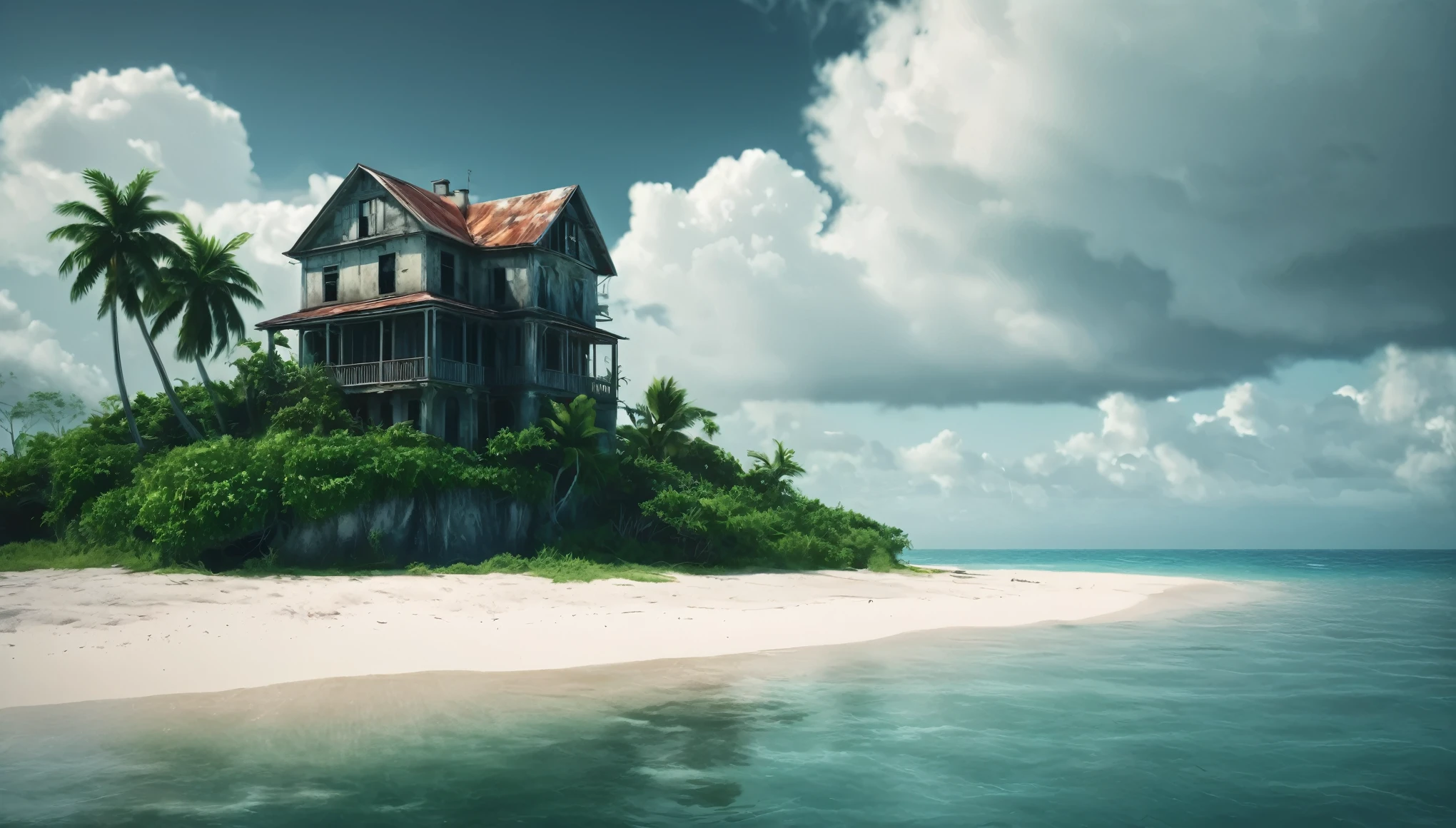 Create an image of a multi-storey rickety old house perched precariously at the end of a tiny tropical island in the middle of the vast ocean. The island is lush with tropical vegetation, and the house appears weathered and aged, with an air of mystery and history. The scene should be cinematic, resembling a film still shot on a V-Raptor XL, with a film grain texture, vignette effect, and color grading to enhance the dramatic atmosphere. The lighting should be cinematic, with a 35mm film quality and a live-action feel, meticulously post-processed to create an epic and stunning visual masterpiece. The mood should be a blend of eerie tranquility and dramatic intensity, making the viewer feel a sense of awe and intrigue. The sky should be overcast, adding to the atmospheric and dramatic tone of the image.

The image should evoke a sense of wonder and mystery, captivating art critics and evoking new emotions in those who view it. Ultra photo realistic, vibrant colors, 16 k