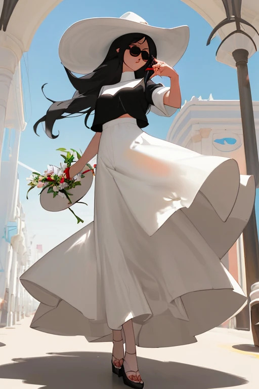 Waifu_hermosa_selfie en blusa blanca, pantalones de mezclilla, sombrero negro con una flor blanca, bolsa negra, tacones rojos, lentes de sol, centro comercial