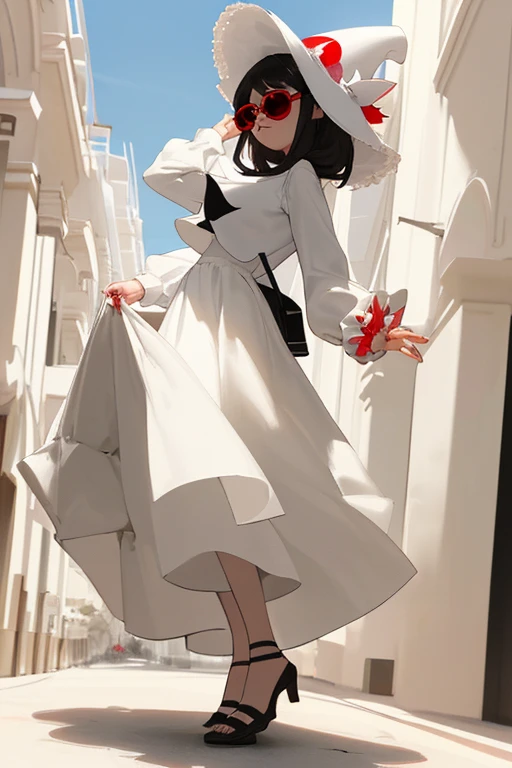 Waifu_hermosa_selfie en blusa blanca, pantalones de mezclilla, sombrero ????? con una flor blanca, bolsa negra, tacones rojos, lentes de sol, centro comercial 