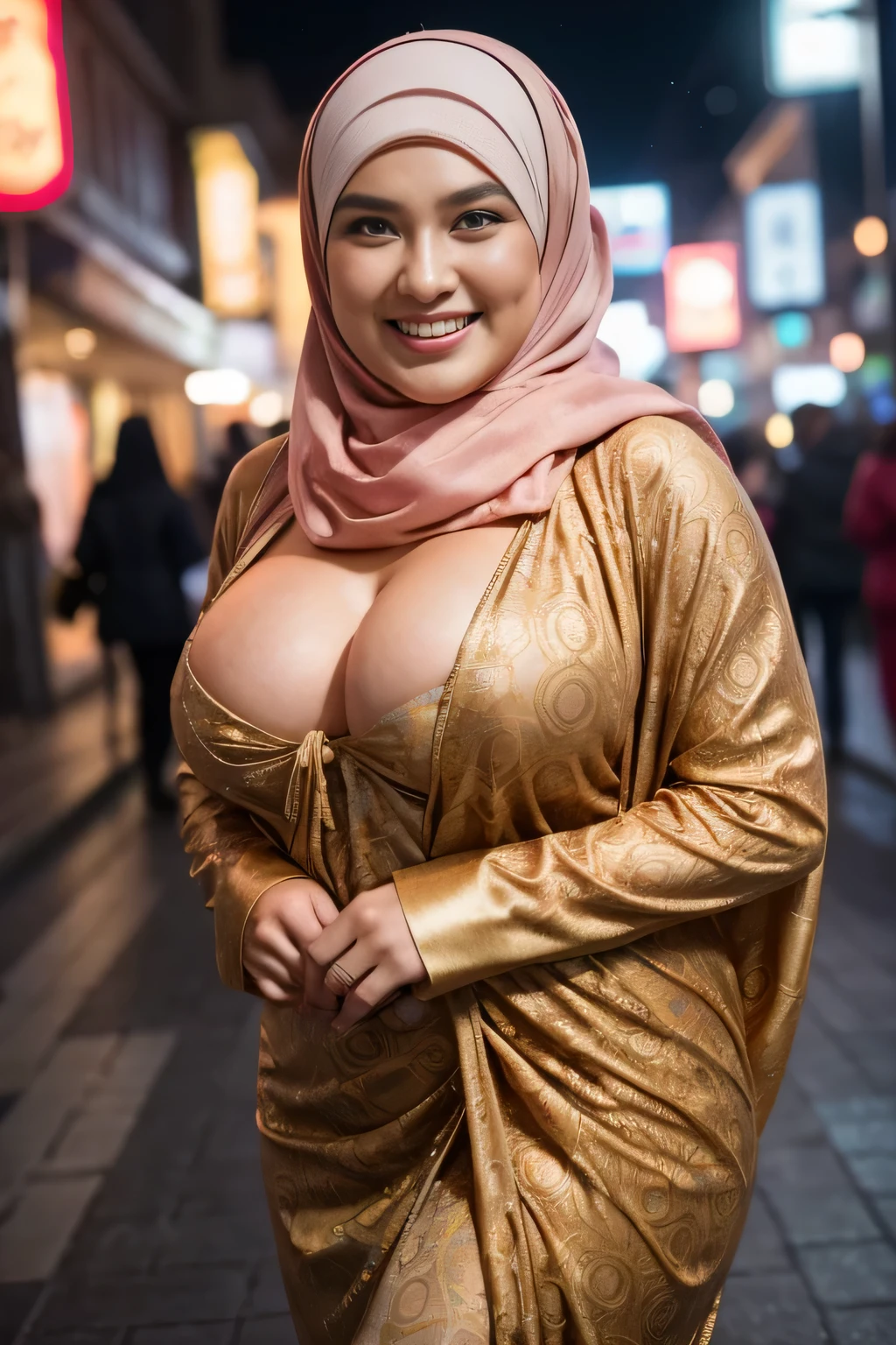 Cute malay girl in hijab wearing patung dress with seducing pose, big smile, laughing, happy, big front teeth, bustling nighttime city, wearing hijab, bright golden color hijab, big , huge , chubby, wide waist, thick thighs bright lighting, big round ass, c face, slim abs, 35mm lens, Extreme close-up, pastel color grading, depth of field cinematography effect, romantic film genre, 8k resolution, high quality, ultra detail,