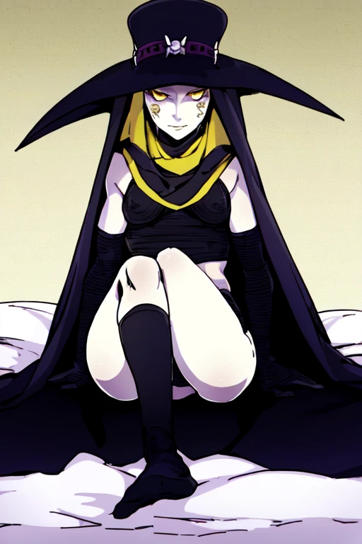 Scathach, girl1, solo, hat cape, smile, yellow eyes, white skin, cape, shin megami tensei, gloves, black shirt, black socks, sitting on the bed, bedroom, (masterpiece, best quality:1.2)