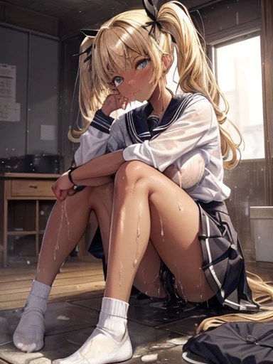 NSFW、 ((High resolution)), ((highest quality)), (Browsing Caution:1.4)、Slender、Big Breasts、((Sweatでテカテカした肌)), (school uniform:1.2、loose socks)、White shirt、Black Skirt、Black Loafers、Blonde Hair, (Half Twin Tail)、(((Love juice)))、Trance、((Black gal))、(((Soaked from head to toe)))、((Dark Skin))、(((Sweat)))、(((Body odor)))、(((odor)))、(Pubic hair)、((Sweat染み))、Girls&#39; High School、(((Sex with a man)))