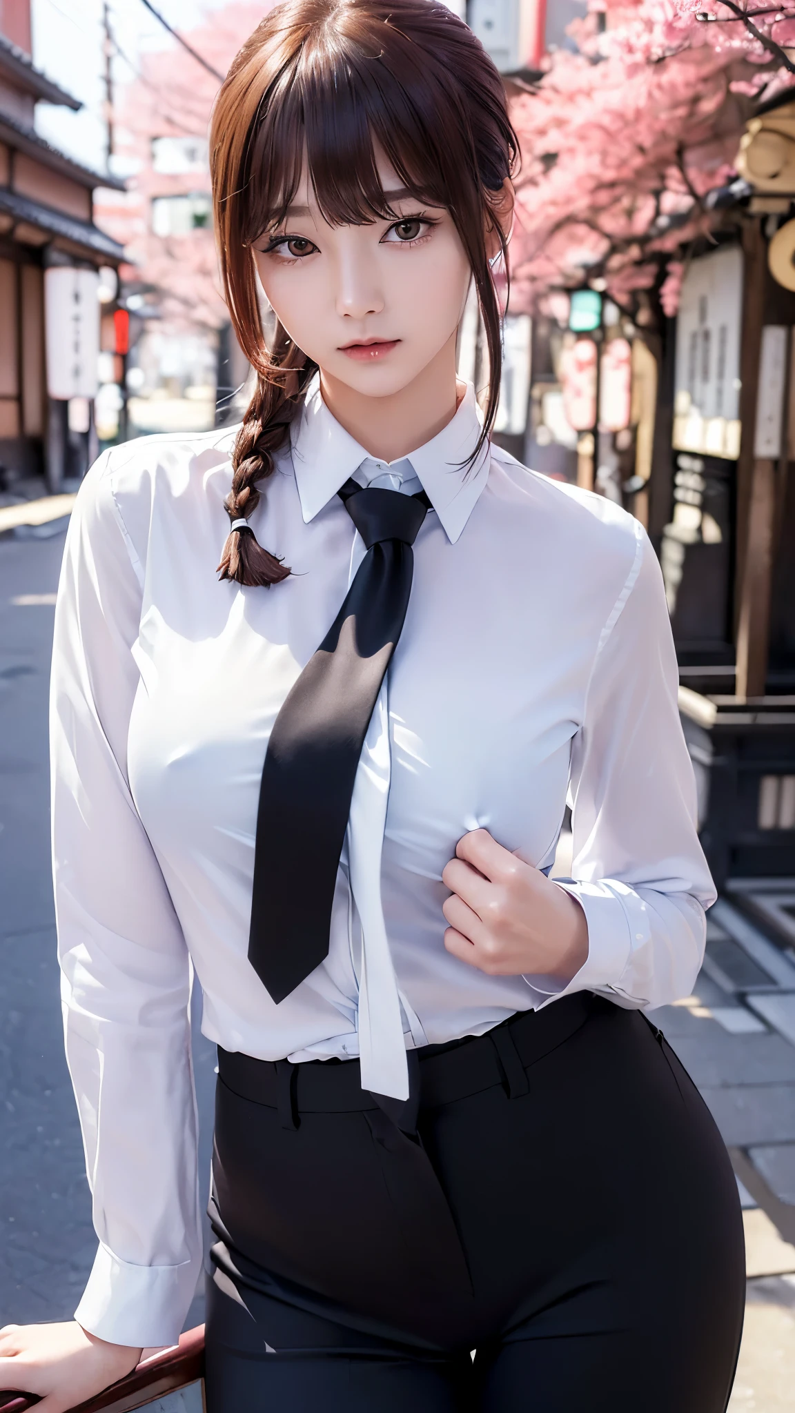 (((masterpiece))),(((High resolution)))、(((8K)))、(((perfect face)))、(((beauty of japan)))、20 years old、(((beautiful face))), (((business shirt and tie and business pants))), top quality eyes, detailed texture, look at the camera, big tits, ((high resolution face)), ((Braid hair))
