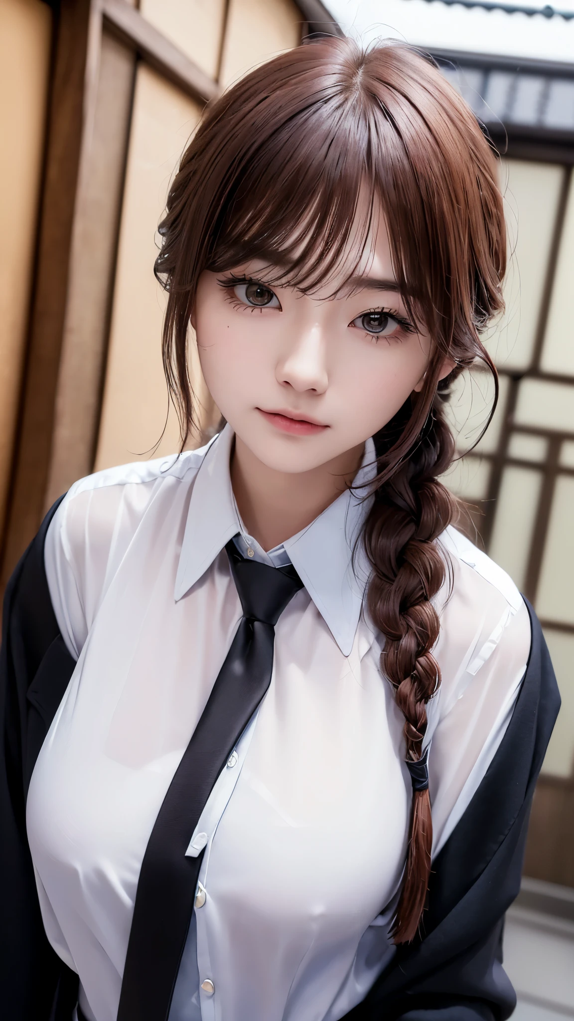 (((masterpiece))),(((High resolution)))、(((8K)))、(((perfect face)))、(((beauty of japan)))、20 years old、(((beautiful face))), (((business shirt and tie and business pants))), top quality eyes, detailed texture, look at the camera, big tits, ((high resolution face)), ((Braid hair))