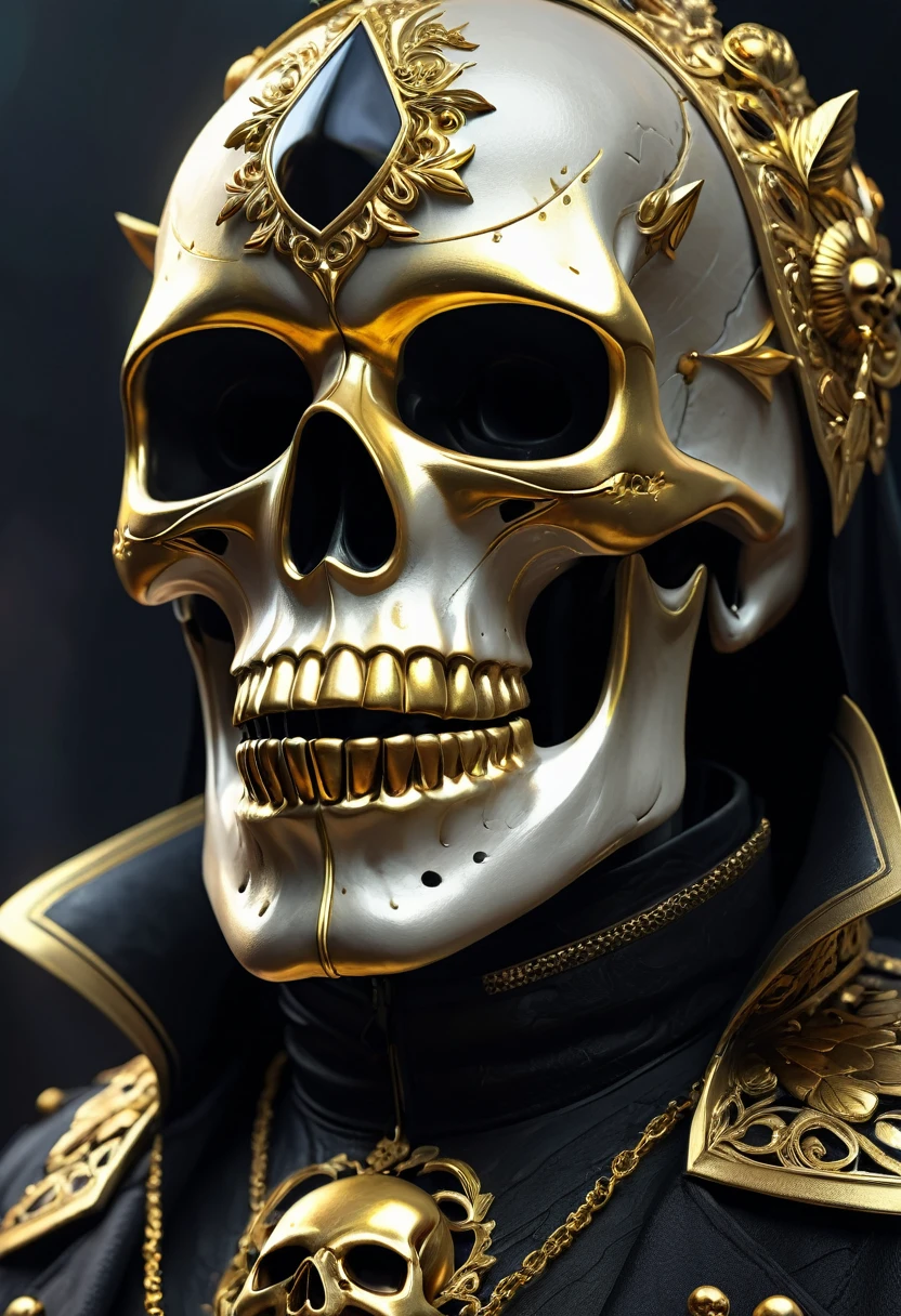 a closeup of a skull with a golden mask and a black jacket, Arte digital de Yang J., ganador del concurso cgsociety, fantasy art, hermoso dios masculino de la muerte, calavera de fantasia, Arte detallado de alta calidad 8k, irreal 5. retrato de rol, arte digital oscuro pero detallado, Arte digital 4k muy detallado, amenazador. irreal 5