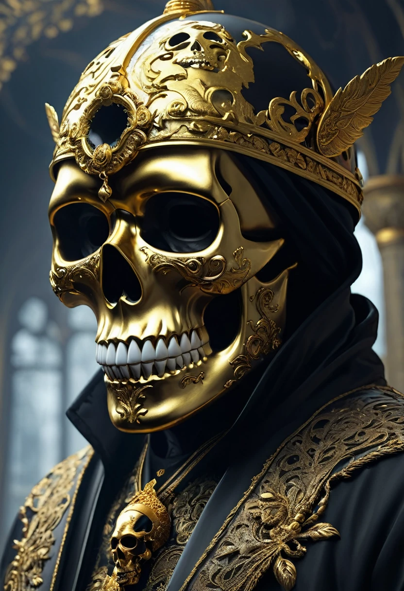 a closeup of a skull with a golden mask and a black jacket, Arte digital de Yang J., ganador del concurso cgsociety, fantasy art, hermoso dios masculino de la muerte, calavera de fantasia, Arte detallado de alta calidad 8k, irreal 5. retrato de rol, arte digital oscuro pero detallado, Arte digital 4k muy detallado, amenazador. irreal 5