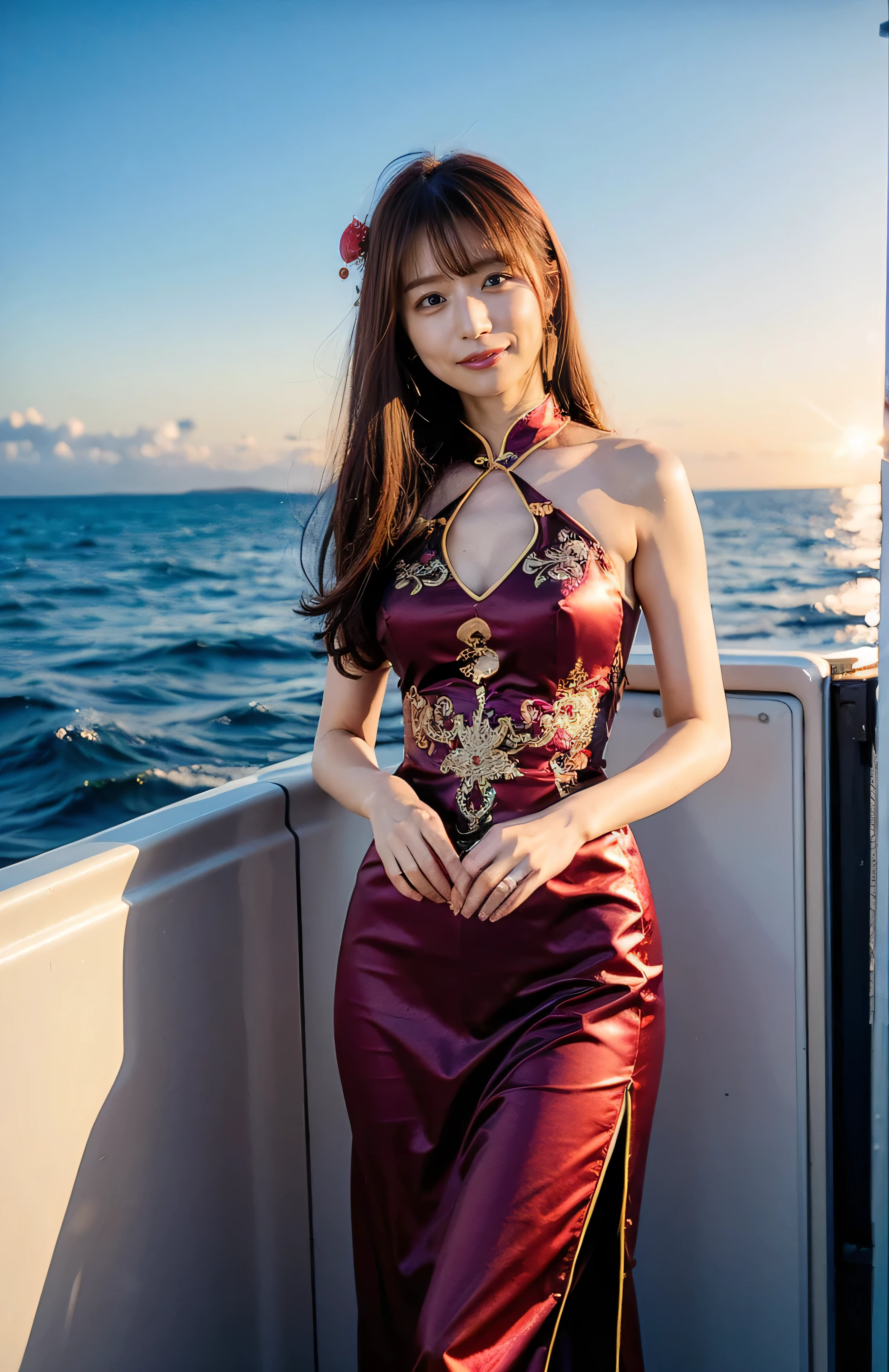 The sky turns red、((hair ornaments:1.5)).A gorgeous gold embroidered Chinese dress、hair ornaments、Tie your hair elegantly、Gorgeous silk cheongsam、((Standing on a boat and posing sexy、Luxurious and shiny wine red Chinese dress with embroidered long skirt:1.4)).A luxurious and shiny silk cheongsam、A luxurious navy blue cheongsam with embroidery、Woman standing on a boat、Light brown hair、Elegant hairstyle、Blue Eyed Woman、A woman with a cute upward gaze、When the sky gets dark、The gentle light of the ship shines、The sky turns red as the sun sets、Tight clothing that shows your body lines、、Elegant navy blue summer knit、Elegant black summer sweater、Short skirt、Dress elegantly着こなす、Luxury Bagedium Shorthair:1.4))、Skyscrapers seen across the sea、Manhattan 私sland is visible offshore、Woman on a sightseeing boat、、The sun shines on her、Light brown hair、Light brown hair、The sky was dyed red、There are clouds、private's cute、An elegantly dressed woman is sitting on a boat and watching the sunset、Her ample breasts are obvious even through her clothes..、The shining sun is so beautiful、Dusk is approaching、Lens flare、I can see the sunset、((Sunlight reflecting off the ocean、Ocean View、The sun shines on the sea、'beautiful.、Small earrings、private'evening、Birds are also flying、、Brown Hair Color、Tying up hair、The woman is on the right:1.4))、Luxury Leather Belts、Shiny clothes、Light beige hair color、Background Blur、Braid only the front hair、Light brown hair、{{Cowgirl Shot}}、((Close-up shot from the waist up、Ample breasts:1.4))、Smile、Silk clothing、Ample breasts that can be seen even through clothes、Braid only the front hair、Cowboy Shot、Gorgeous white collared silk shirt and brown skirt、Dress elegantly、Luxury Bags、A lovely smile、((Ample breasts))、Full body photo、ring、Short skirt、Tuck your hair behind one ear、Silver Necklace、smile、 Elegant ponytail、Caustics、Highly detailed photos、Very beautiful and ideal short hair、Super no makeup、(8k、RAW Photos、highest quality、masterpiece:1.2)、(Realistic、Realistic)、1 girl、((Medium Short Hair、Looking into the camera:1.4))、Hair blowing in the wind