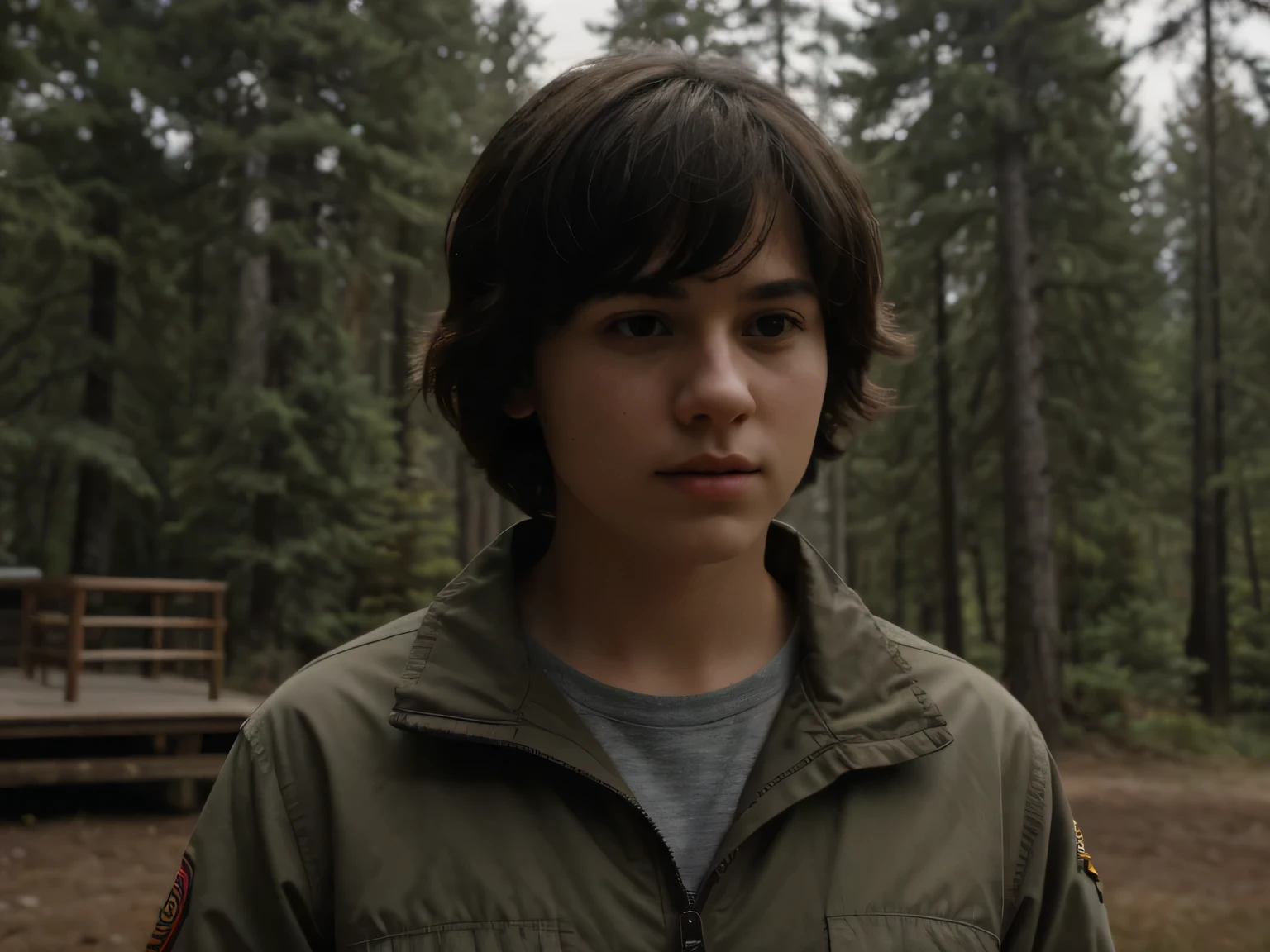 a young caucasian female disguised as a boy scout, short hair, standing in front of large cabin dining hall, treeline of pacific northwestern forest in background (best quality,4k,8k,highres,masterpiece:1.2),ultra-detailed,(realistic,photorealistic,photo-realistic:1.37),cinematic lighting,dramatic colors,cinematic composition,intricate details,expressive pose,emotional expression,dramatic atmosphere,cinematic perspective, hyperrealistic
