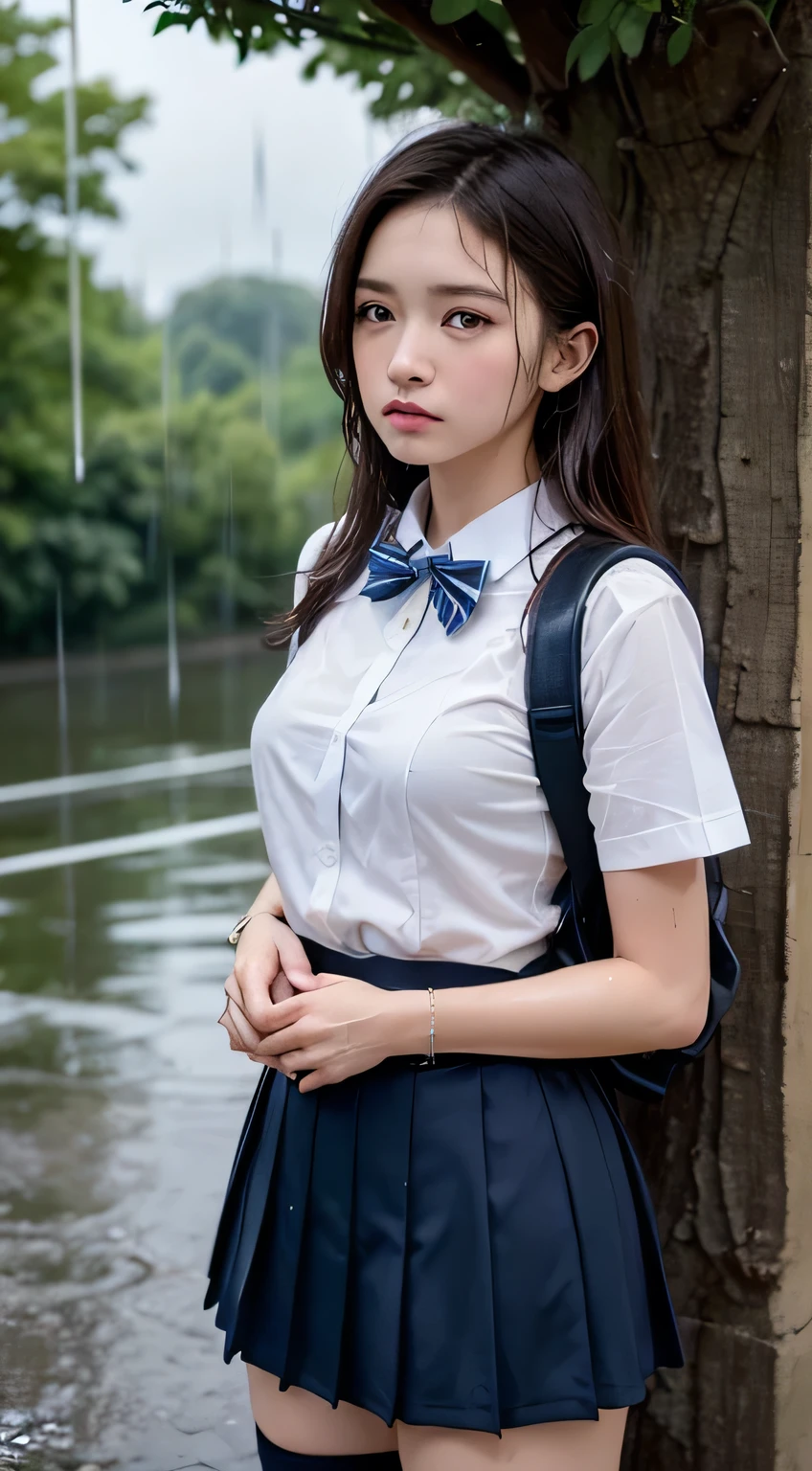 (masterpiece, highest quality:1.2), 8k, 15 years, 85mm, Official Art, RAW Photos, Absurd、((Under a big tree in a natural park:1.4))、((Rainfall:1.4))、((Dark rainy sky in the evening:1.4))、Pretty face, close, ((Cowboy Shot:1.4))、Front shot、Beautiful girl with straight medium long hair,(((High School Girl Uniform 1.4)))、(((White short sleeve low cut button front shirt:1.4)))、(((Large plain dark blue bow tie:1.5)))、((White shirt:1.4))、((Ultra micro mini dark blue pleated skirt)) Squeeze the waist, Thighs, Short sleeve, Model pose、View your viewers, No makeup, (smile:0.4), Film Grain, chromatic aberration, Sharp focus, Face Light, Bright lighting, , Detailed face, Bokeh Background、((Blouse wet in the rain))、(Bra is sheer)、((Sad look:1.7))、((Backpack:1.4))、