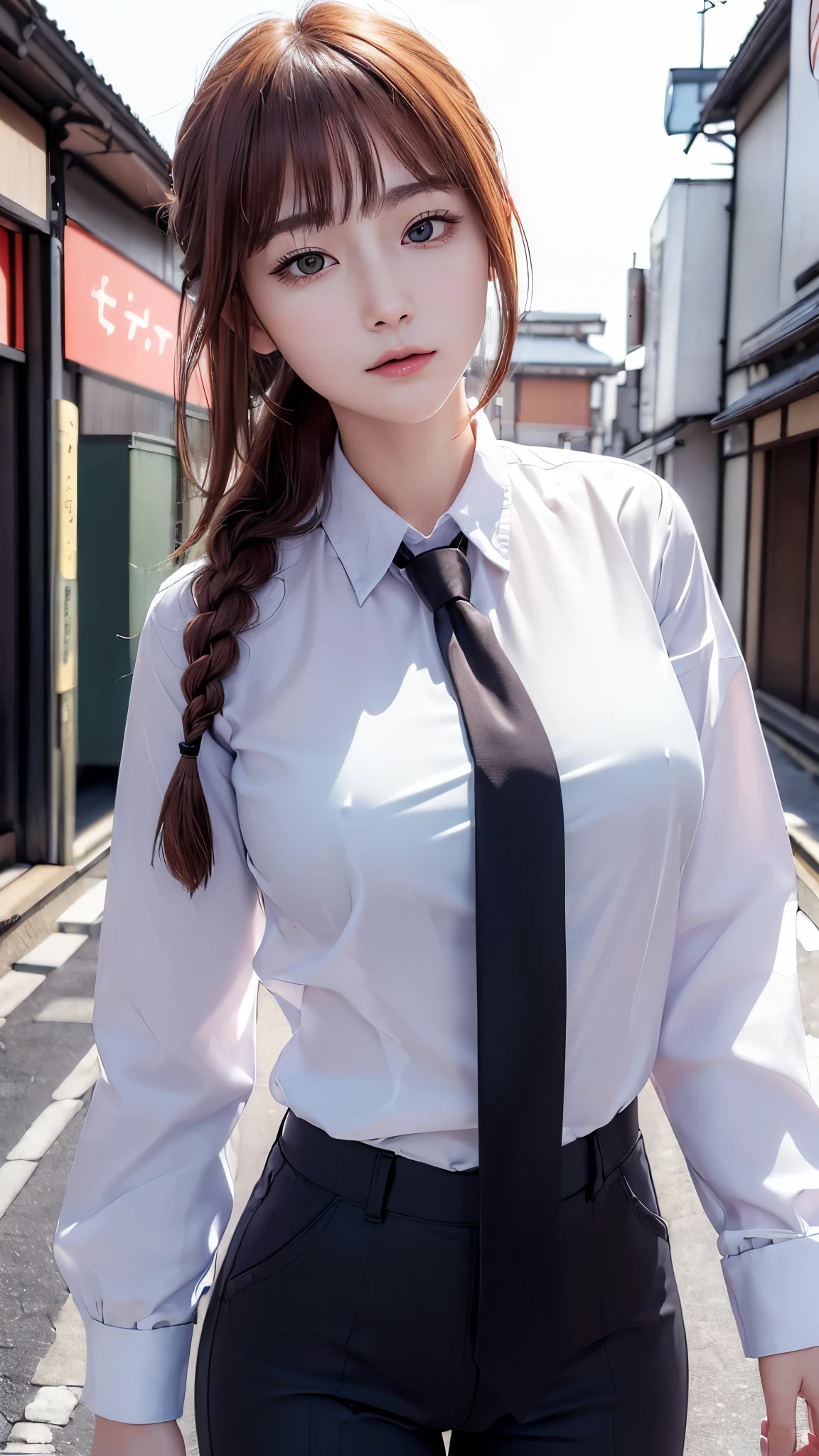 (((masterpiece))),(((High resolution)))、(((8K)))、(((perfect face)))、(((beauty of japan)))、20 years old、(((beautiful face))), (((business shirt and tie and business pants))), top quality eyes, detailed texture, look at the camera, big tits, ((high resolution face)), ((Braid hair))
