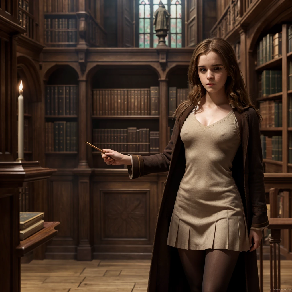 Masterpiece, (Emma Watson as Hermione Granger), in a Hogwarts uniform pantyhose ultra detailed, ultra realistic,full body shot, slim body, narrow hips, big breasts, very detailed face, Hogwarts library on background, dramatic-winning photography, incredible masterpiece, 16K, ultra high res.photorealistic, UHD, RAW, DSLR, (nsfw:1.1)