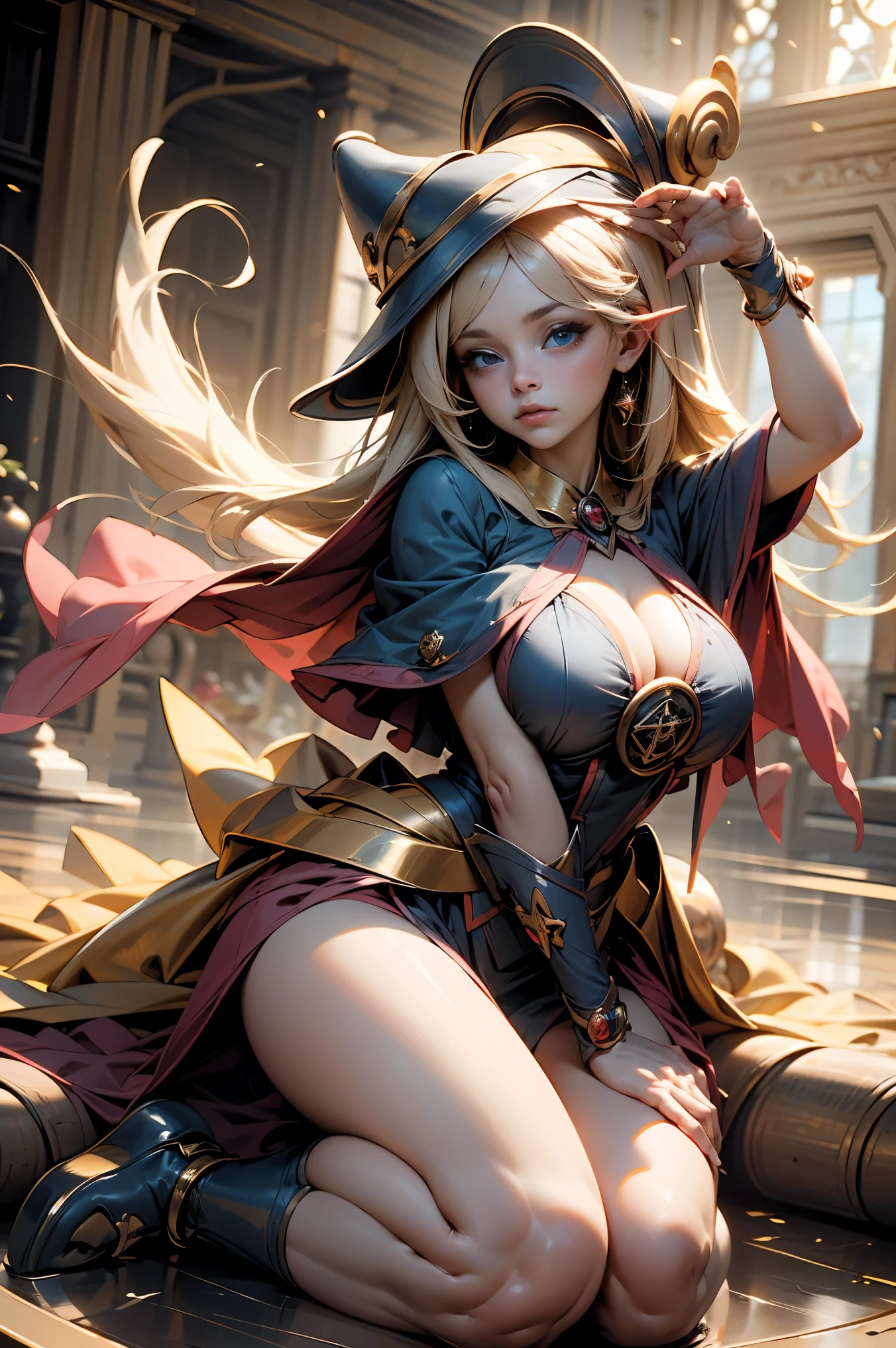(Obra maestra:1.2), (La mejor calidad:1.2), perfect lighting, Chica Maga Oscura lanzando un hechizo, flotando en el aire, tetas grandes, escote, bata azul, sombrero grande, magic of the heart. luces del corazon, Romantic heart. Blue eyes dragon in the background