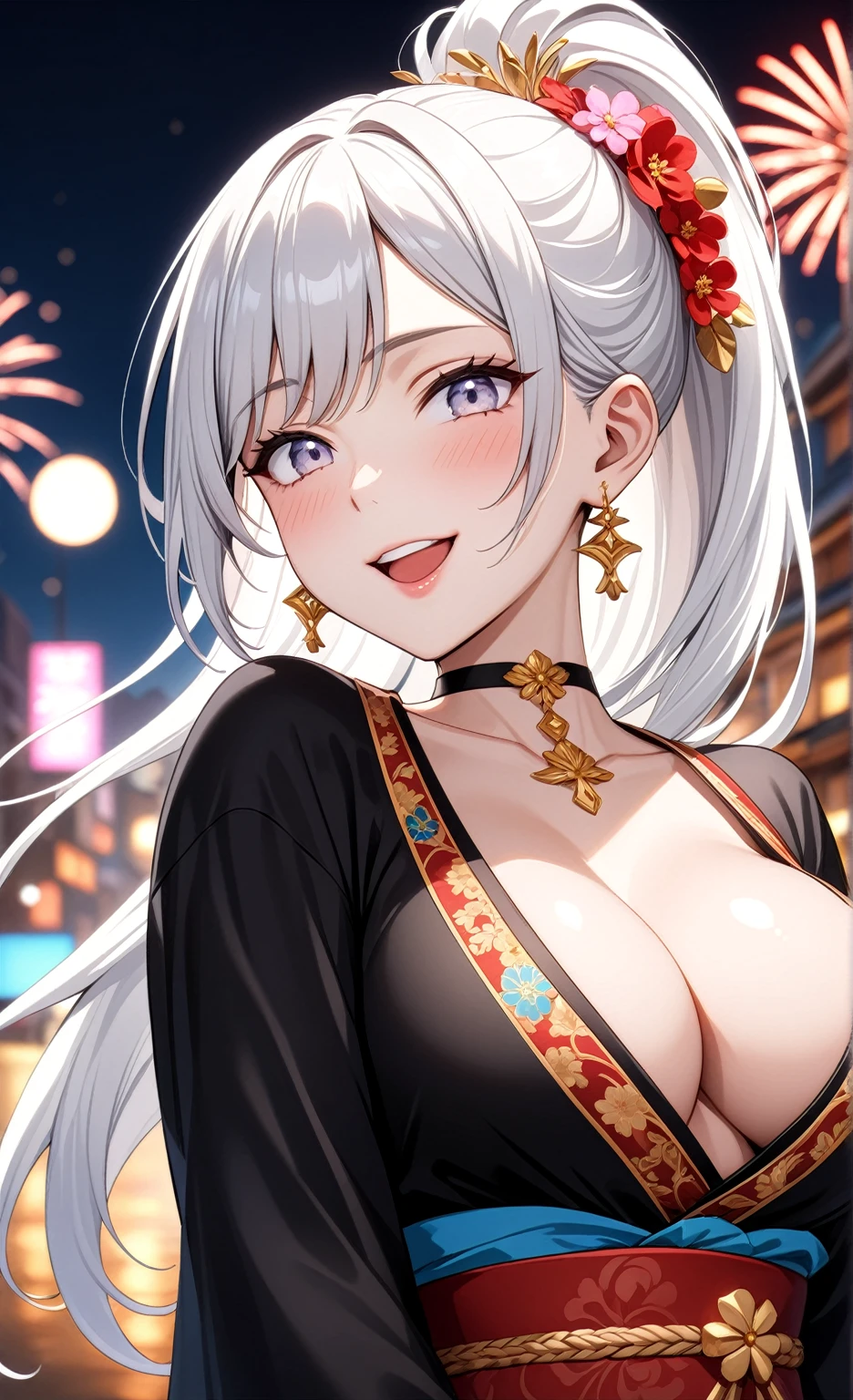 ((one personの女性)), Beautiful Face,Laughing embarrassedly,((Wink:2.0)),(Bright red cheeks:1.3),Laughing with your mouth open,Glossy pink lips,Lighting on the face,night,night景が見える,firework,((Anime style background)),masterpiece, highest quality, so beautiful, Latest, Complex details, (Pink long nails),(ring),(bracelet),(choker),AI-generated, Complex,High resolution, highest quality, super high quality,3D Images、View your viewers、3D Images,one person,Long white hair,High Ponytail,(blue eyes),Anime woman posing for a photo, ((Fine grain、Silvery white colorful eyes、Shining Eyes:1.3)),(Squint your eyes:1.1),a hyperRealistic , hyperRealistic , Realistic,Anime woman with long and white hair, Smooth anime CG art, A woman in a colorful kimono with gold embroidery, (Black kimono),Red floral pattern,Long flower hair ornament,Big earrings,Mature Body,(Big Breasts:1.1),Tall,Fine details,Narrow waist,(Face close-up:1.4),