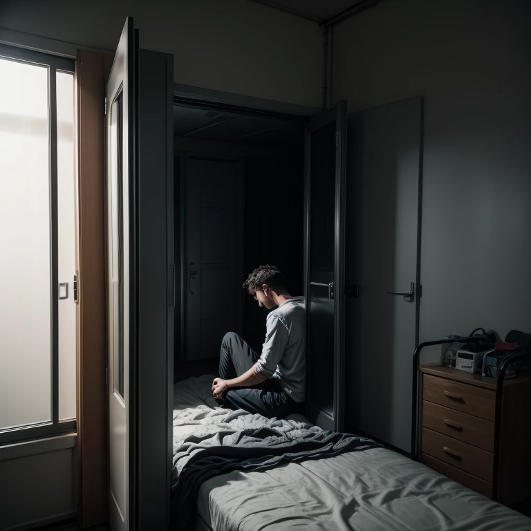 Man sitting on a bed with his back in a dark, windowless room with covered doors and looking in the direction of a closed metal door