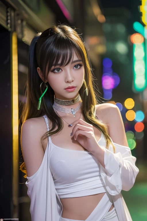 (masterpiece, highest quality, 8k, Sharp focus, Depth of written boundary, Best Shadow, Perfect lighting, High resolution, Realistic skin texture, ultra-detailed background, detailed), Anime Style, Two women kissing (One of them has green eyes., White skin, Black hair ponytail, choker, Small breasts, slim, compensate, eyeliner, Sparkling), (The other woman is blonde.), At the nightclub, Cyberpunk Theme, Cyberpunk City.