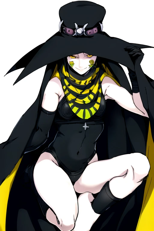 Scathach, girl1, solo, hat cape, smile, yellow eyes, white skin, cape, shin megami tensei, gloves, black shirt, black socks, bedroom, (masterpiece, best quality:1.2)