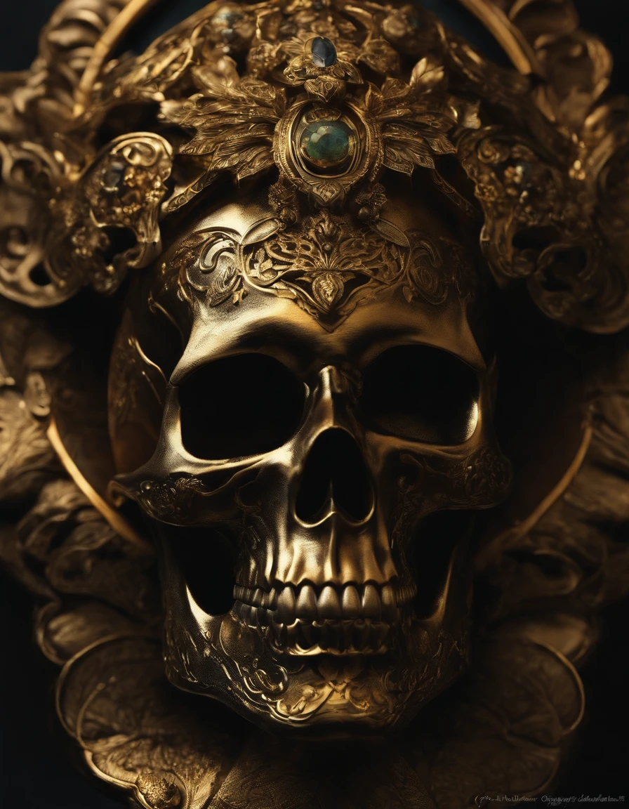 a closeup of a skull with a golden mask and a black jacket, Arte digital de Yang J., ganador del concurso cgsociety, fantasy art, hermoso dios masculino de la muerte, calavera de fantasia, Arte detallado de alta calidad 8k, irreal 5. retrato de rol, arte digital oscuro pero detallado, Arte digital 4k muy detallado, amenazador. irreal 5