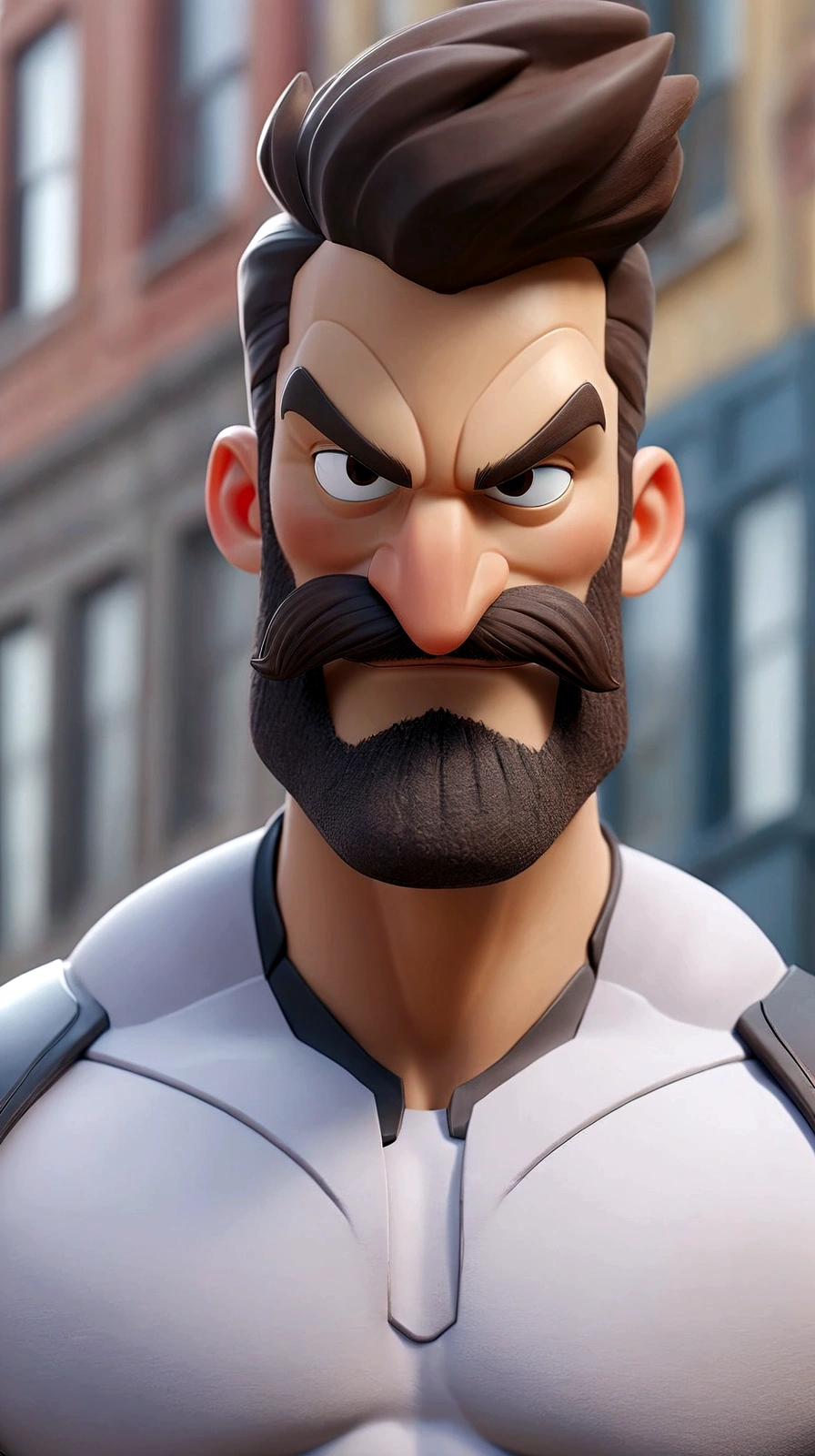 smiling man with beard and mustache, dressed as a muscular superhero, marvel style, full body and a city as a background