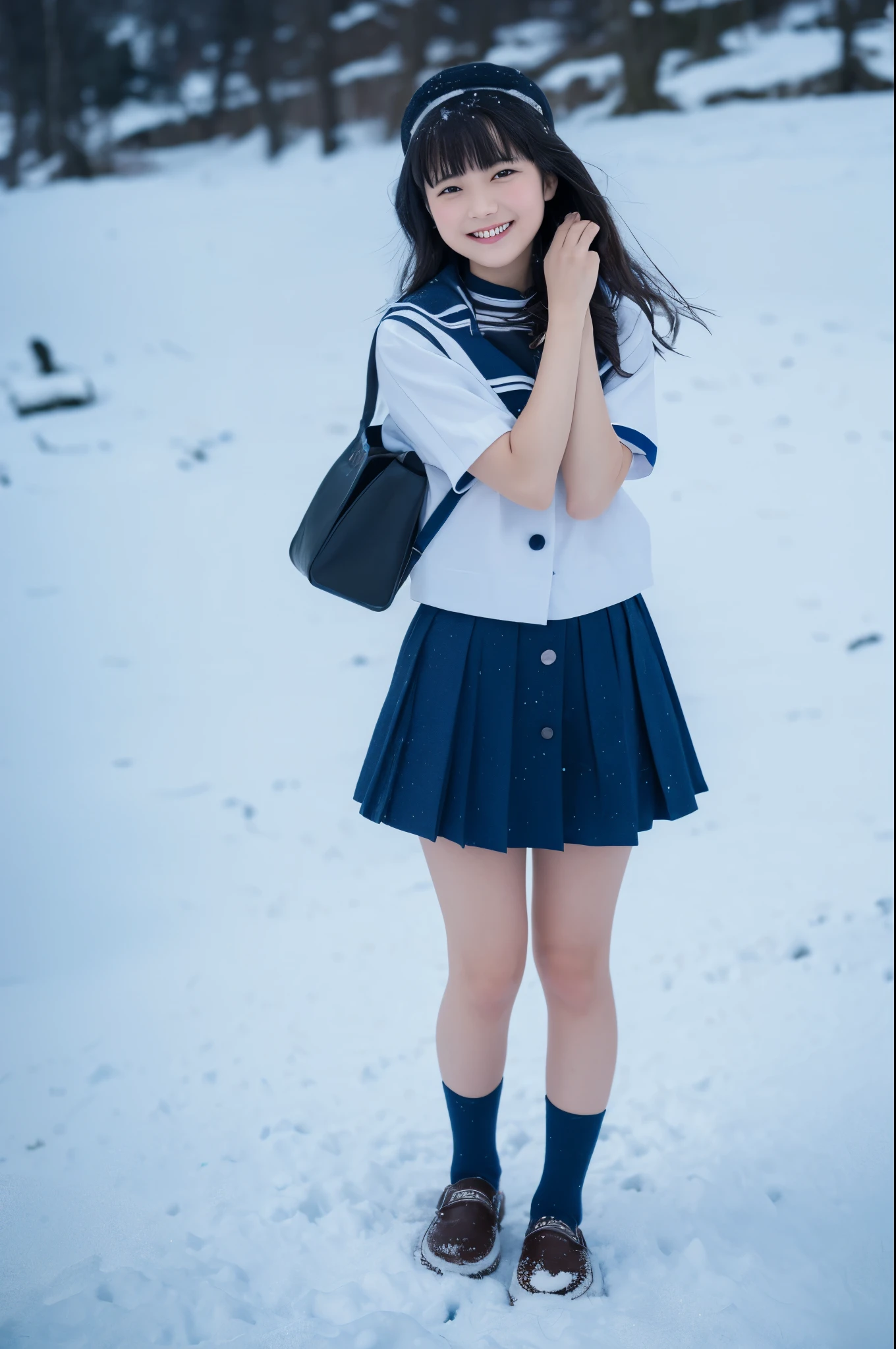 (photograph_\\(Moderate\\):1.2), One Girl, (photographrealsitic:1.2), Surreal, Photorealism, Close-up, barefoot, Black-haired, Shaggy,Beaver, Bans, Iris, steampunk, Sailor suit, , high school girl, Beautiful girl,cute, Smile,It gives me goosebumps, Ultra mini skirt, Dark blue pleated skirt, Heavy snow falls on the snowy mountain,background, Ephemeral, whole body, standing, skin with It gives me goosebumps, Super beautiful feet, Depth of written boundary, In 8K, Visual Effects, Hmph, Very slim girl, Short socks, Tri-fold socks, White socks, Very short sleeves, cute, Wounded, Short sleeves even in winter, Beautiful girl, Idol, Y2K, Strap shoes, Loafer shoes