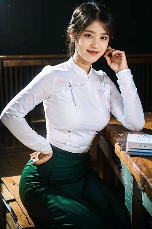 a beautiful 30 year old female school teacher, tall, thin, with big hips, big breasts, black hair, small lips, brown eyes, attractive, wearing a white Burmese blouse with long sleeves, buttoned at the side, a long dark green skirt, Burmese sandals, hair in a knotted bun, holding a 3 inch diameter, 6 inch long silicone sex toy and smiling, ultra-detailed, 8k, highres, realistic, photorealistic, masterpiece, HDR, vivid colors, studio lighting, professional