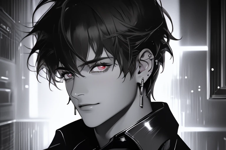 8K, highest quality, masterpiece, Super detailed, Ultra-high resolution, Bedroom, Dim lighting, ((One male)), ultra detailed face, upper body shot, looking down at viewer, from directly below, seductive grin smug, piercing eyes, short hair, shiny hair, wavy hair, swept bangs, collared shirt, Black slacks