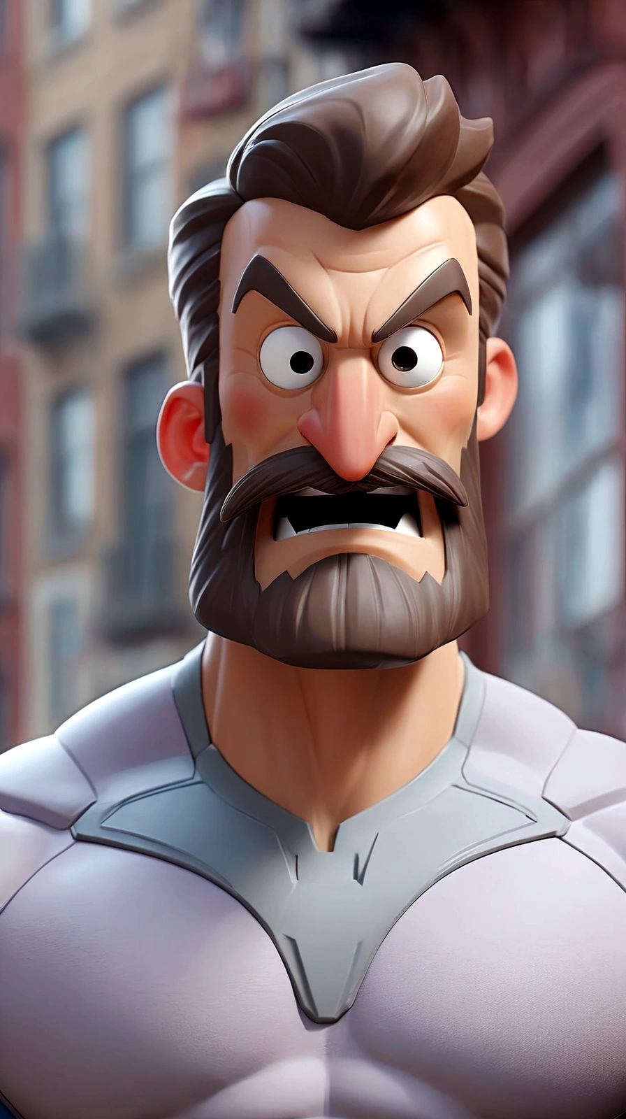 smiling man with beard and mustache, dressed as a muscular superhero, marvel style, full body and a city as a background