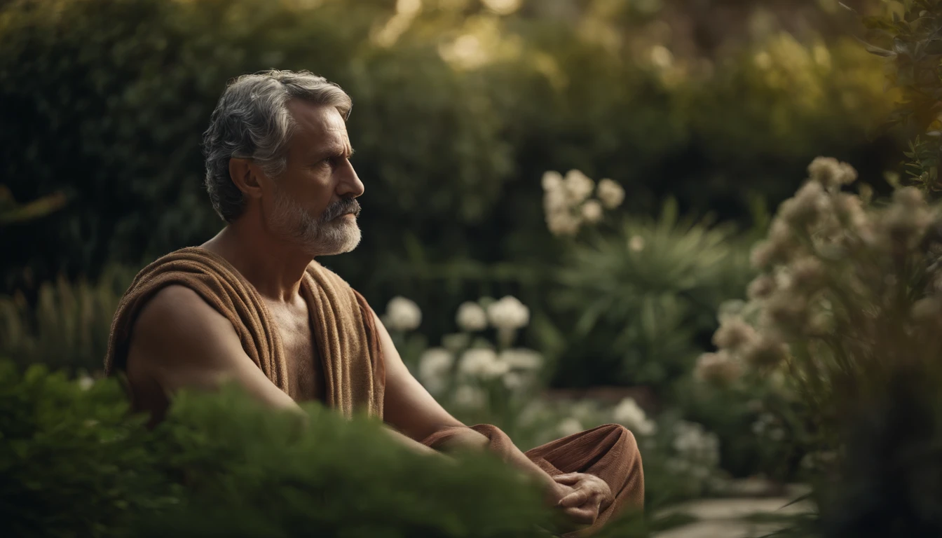 Description: a Stoic philosopher, as Seneca, sitting in meditation position in a serene garden, rodeado de plantas e flores, with a calm, contemplative expression on his face.