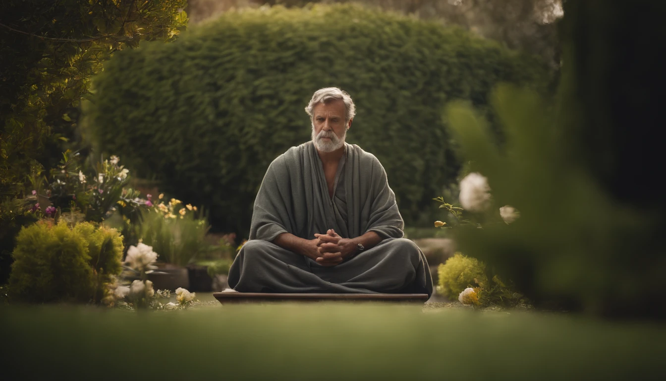 Description: a Stoic philosopher, as Seneca, sitting in meditation position in a serene garden, rodeado de plantas e flores, with a calm, contemplative expression on his face.