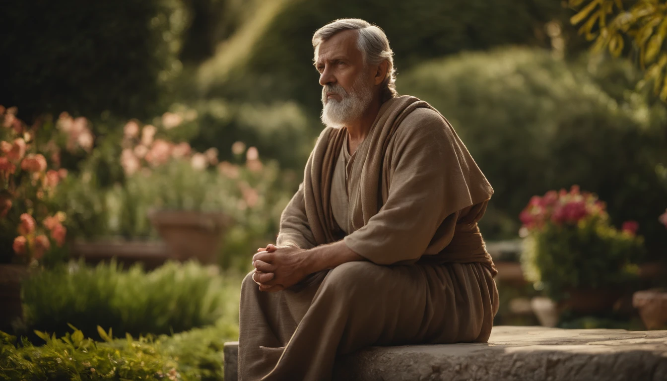 Description: a Stoic philosopher, as Seneca, sitting in meditation position in a serene garden, rodeado de plantas e flores, with a calm, contemplative expression on his face.
