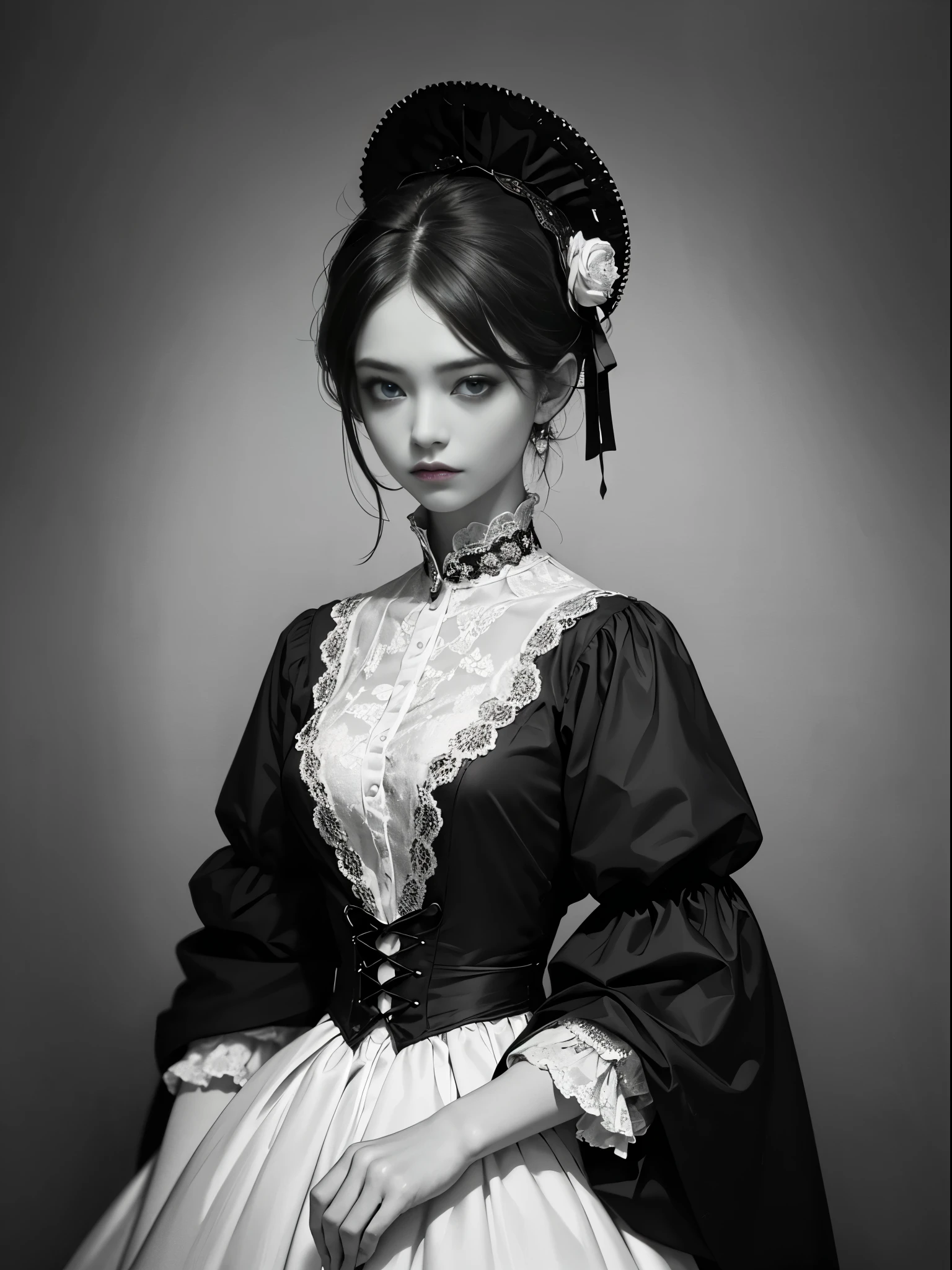 (Pure Color: 0.9), (Color: 1.1), (Masterpiece: 1,2), Top Quality, Masterpiece, High Resolution, Original, Highly Detailed Wallpaper, Beauty, Victorian, Dress, Melancholy, black and white Color, 40 years old,