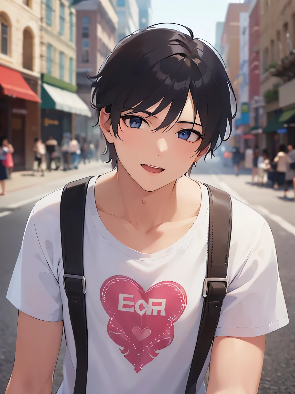 Detailed CG,Ultra-fine illustrations,masterpiece,highest quality,shiny skin,BREAK(28-year-old male:1.5)and(Black Short Hair)and(blue eyes)BREAK,(White T-shirt:1.5)and(jeans),(smile)and(open mouth),(looking away:1.5),The background is the city,alone