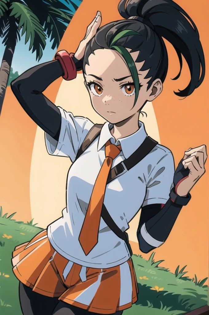 thick outlines, comics, photorealistic, masterpiece:1.2, 1girl, solo, holding pokeball, nemona, ponytail, collared shirt, short sleeves, left glove, orange shorts, orange necktie, tights, university, school, outside, grass, detailed background, detailed face, detailed eyes, 